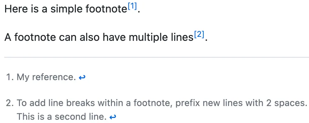 각주를 나타내는 데 사용되는 위 첨자 번호와 메모 내의 선택적 줄 바꿈을 보여 주는 렌더링된 Markdown의 스크린샷.